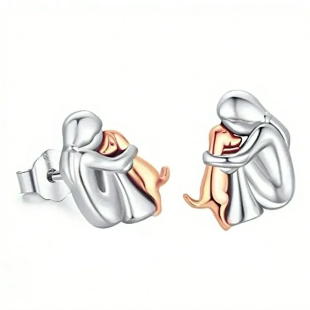 “Puppy Love” Man’s Best Friend Dog & Human Hugging Two Tone Gold 925 Silver Stud